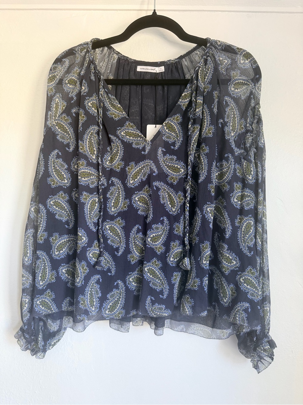 Unsubscribed Sheer Paisley Tie-Neck Romantic Blouse 100% Silk - Navy (MSRP $278)